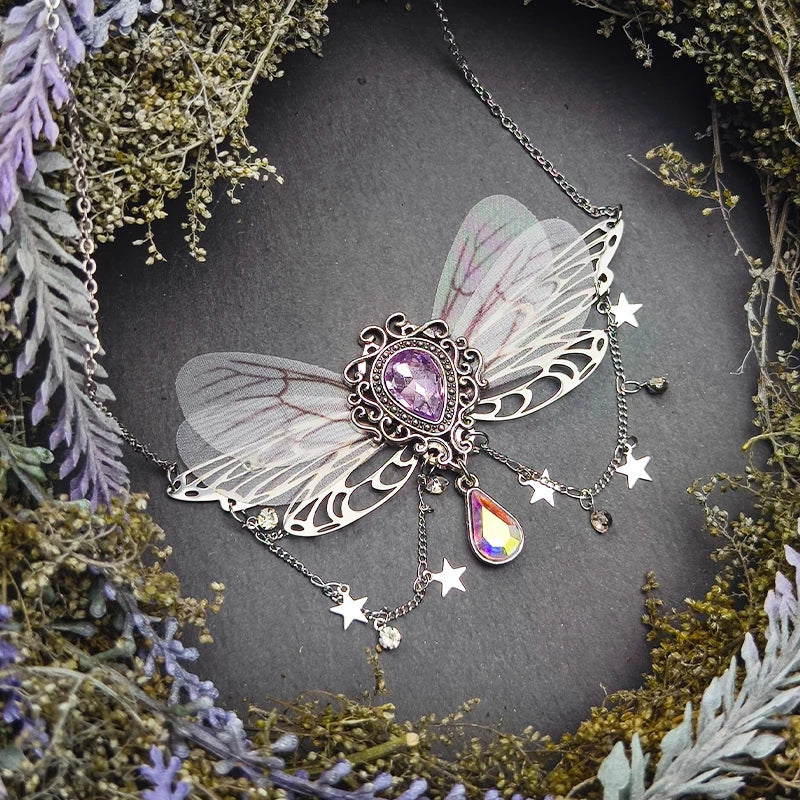 Witch Fairy Elves Butterfly Wings with Crystal Pendant Chain Necklace Forest Fairy Jewelry for women