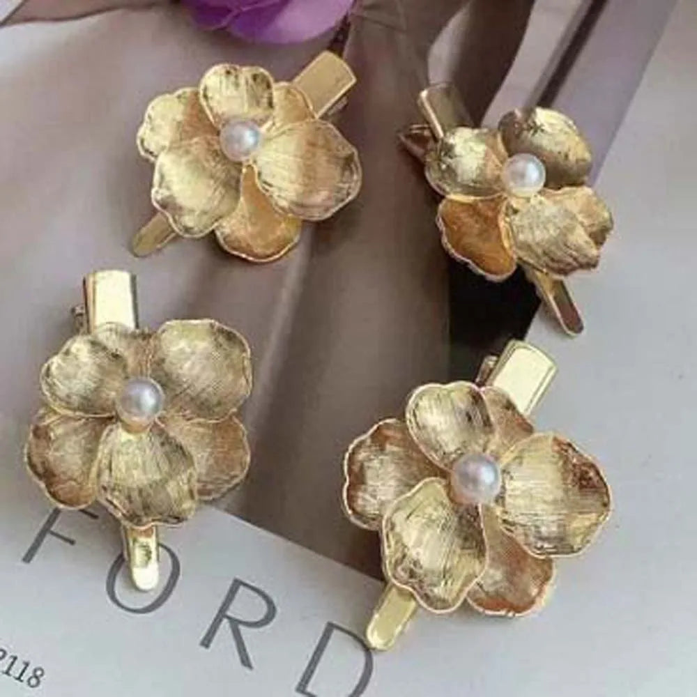 5pcs Elegant Golden Flower Hair Forks Hairstyle Tools French Style Pearl Side Clips Hair Accessories Retro Wave Alloy Barrettes