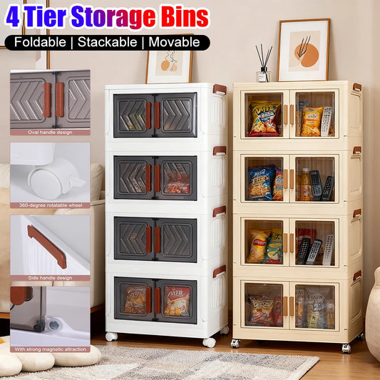 4 Tier Foldable Storage Bin With Doors & Wheels Folding Storage Selves Drawer PP+PET Stackable Organizer Box For Home Office