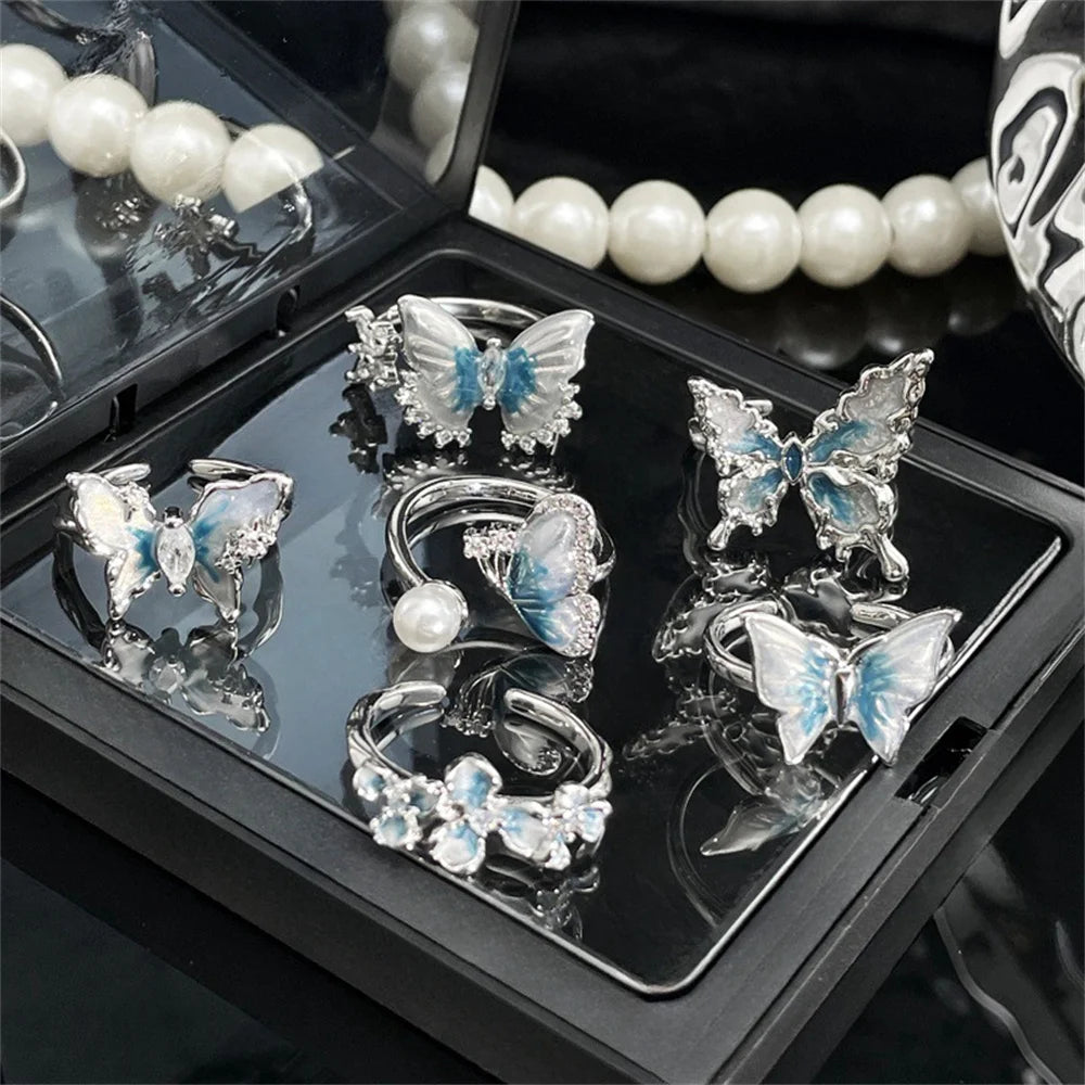 Exquisite Ice Blue Butterfly Open Ring, Fashionable Women's Simple Style Jewelry