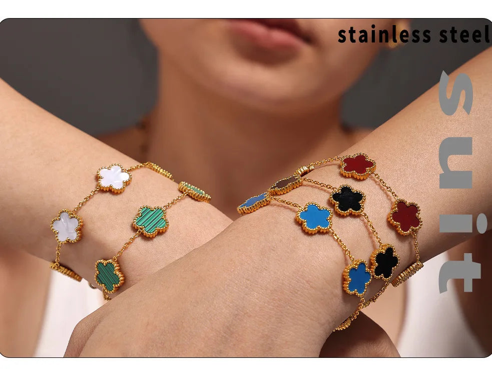 Fashion Five Petals Beautiful Bracelet for Women No Rusted Gold Plated Stainless Steel Agate Bangle Charm Luxury Jewelry Gift
