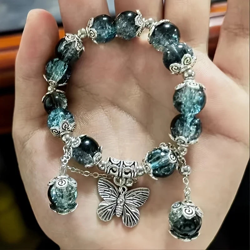 Fashion Design Gradient Crystal Beads Bracelet for Women Girls Vintage Butterfly Feather Maple Leaf Tassel Bracelet Jewelry Gift