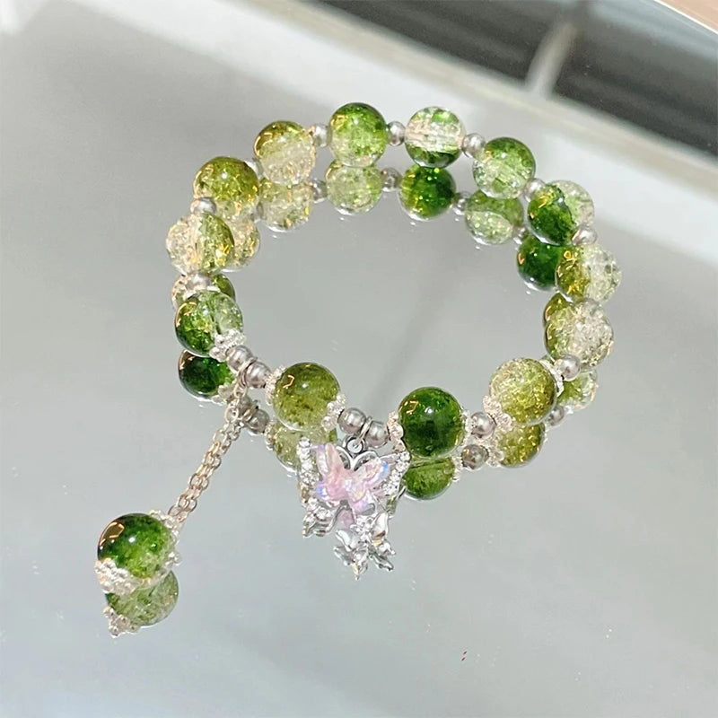 Fashion Butterfly Beaded Bracelets For Women Girls Imitation Jade Bohemian Crystal Charm Elastic Rope Bracelet Hand Jewelry