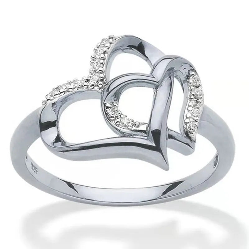 fashion Delicate Double Heart Finger Ring For Women CZ Zirconia Crystal Hollow Out Wedding Party Ring Gifts 2021
