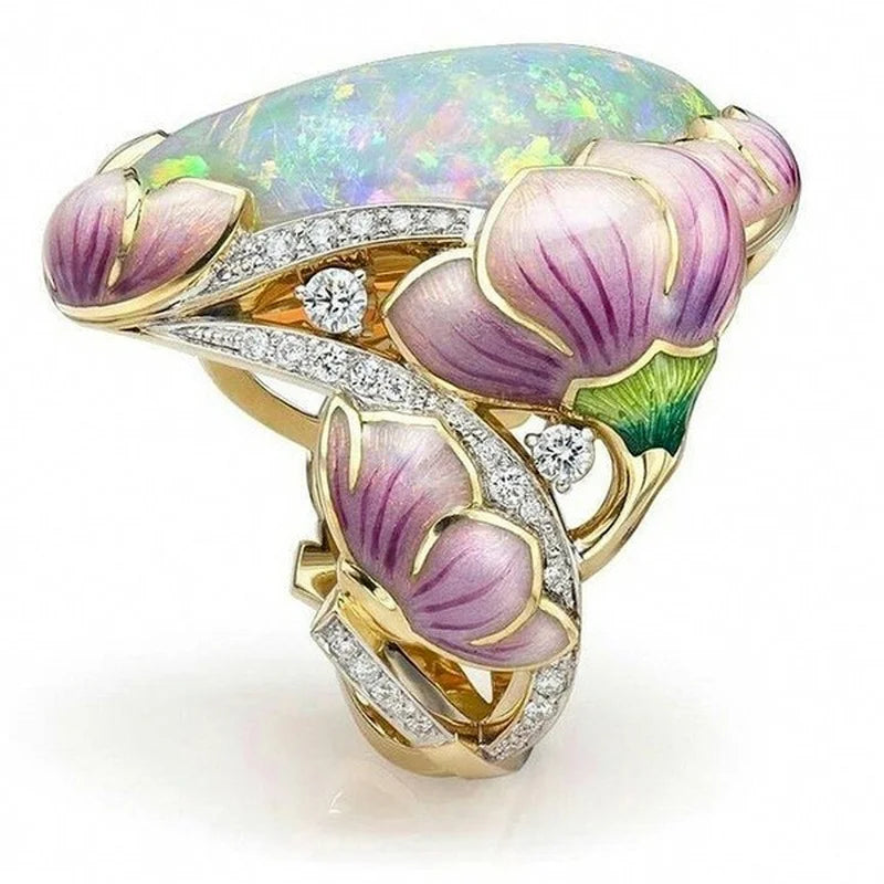 Delicate Fashion Gold Color Floral Ring Lavender Fuchsia Lotus Enamel Oval Cut Fire Stone Bridal Engagement Rings for Women (Free Shipping!) 💝🌹💖