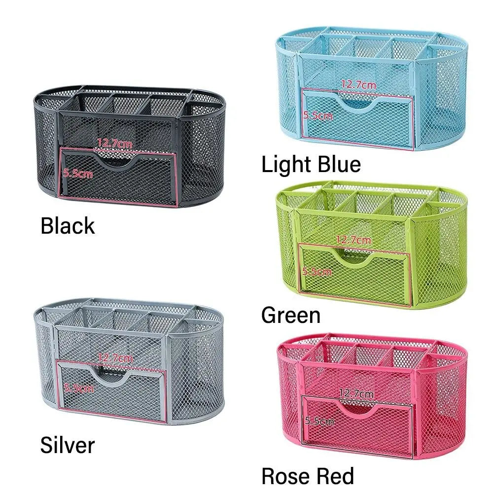 Office School Supplies With Drawer 9-Grid Storage Desk Organizer Stationery Container Metal Mesh Pen Holder