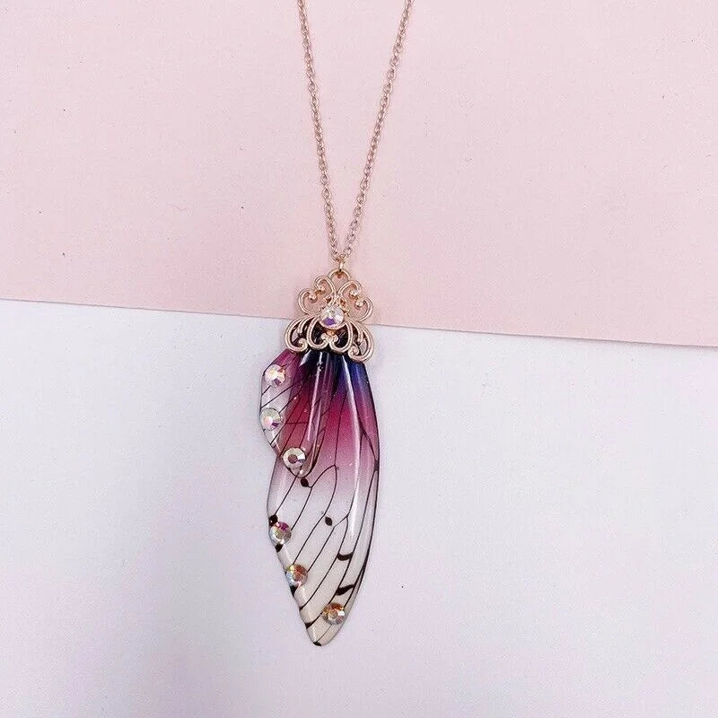 12 colors fashion Silver gold Fairy Purple Gradient Clear Resin Butterfly Shiny Insect Wing Pendant necklace for women jewelry