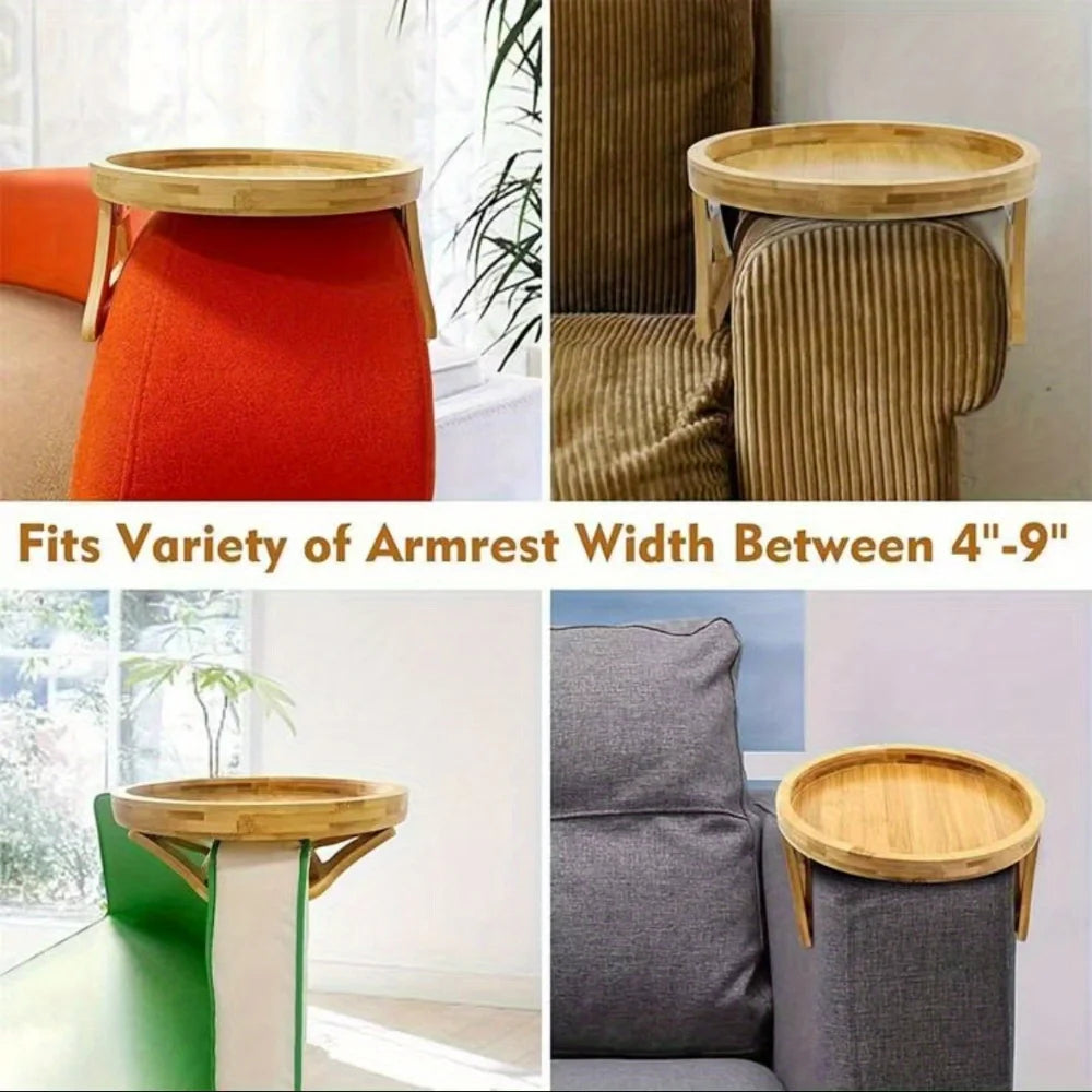 2025 Wooden Sofa Armrest Tray Circular Clip on Breakfast Tray Home Use Foldable Sofa Side Table Snack Integrated Storage Tray