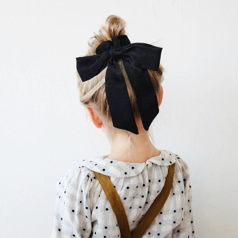 Fashion Vintage Solid Chiffon Velvet Bow Hair Ribbon Scrunchie for Women Girls Long Elastic Hair Tie Headwear Hair Accessories