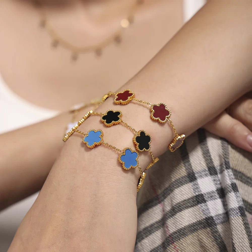 Fashion Five Petals Beautiful Bracelet for Women No Rusted Gold Plated Stainless Steel Agate Bangle Charm Luxury Jewelry Gift