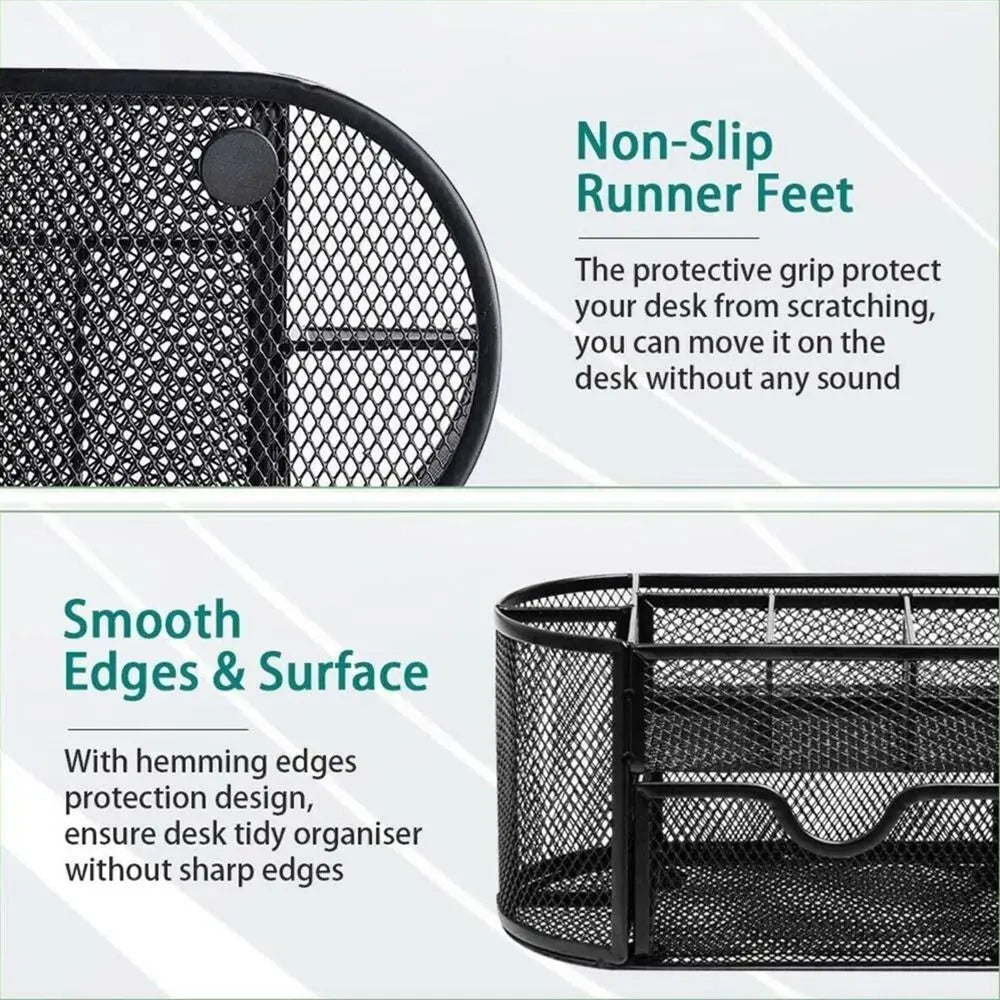 Office School Supplies With Drawer 9-Grid Storage Desk Organizer Stationery Container Metal Mesh Pen Holder