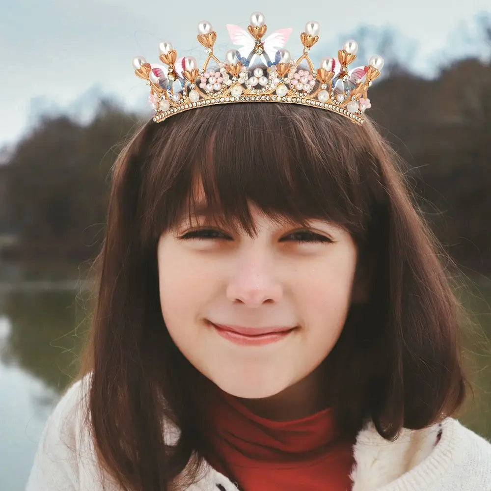 Girl Princess Crown Butterfly Rhinestone Tiaras Birthday Crystal Crown Performance Wedding Model Catwalk Handmade Pearl Tiara