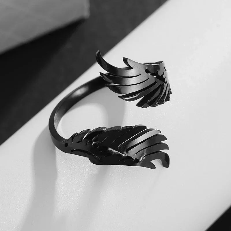 Stainless Steel Angel Wing Ring Open Adjustable Feather Ring for Men Women Couple Fashion Jewelry Anniversary Gift