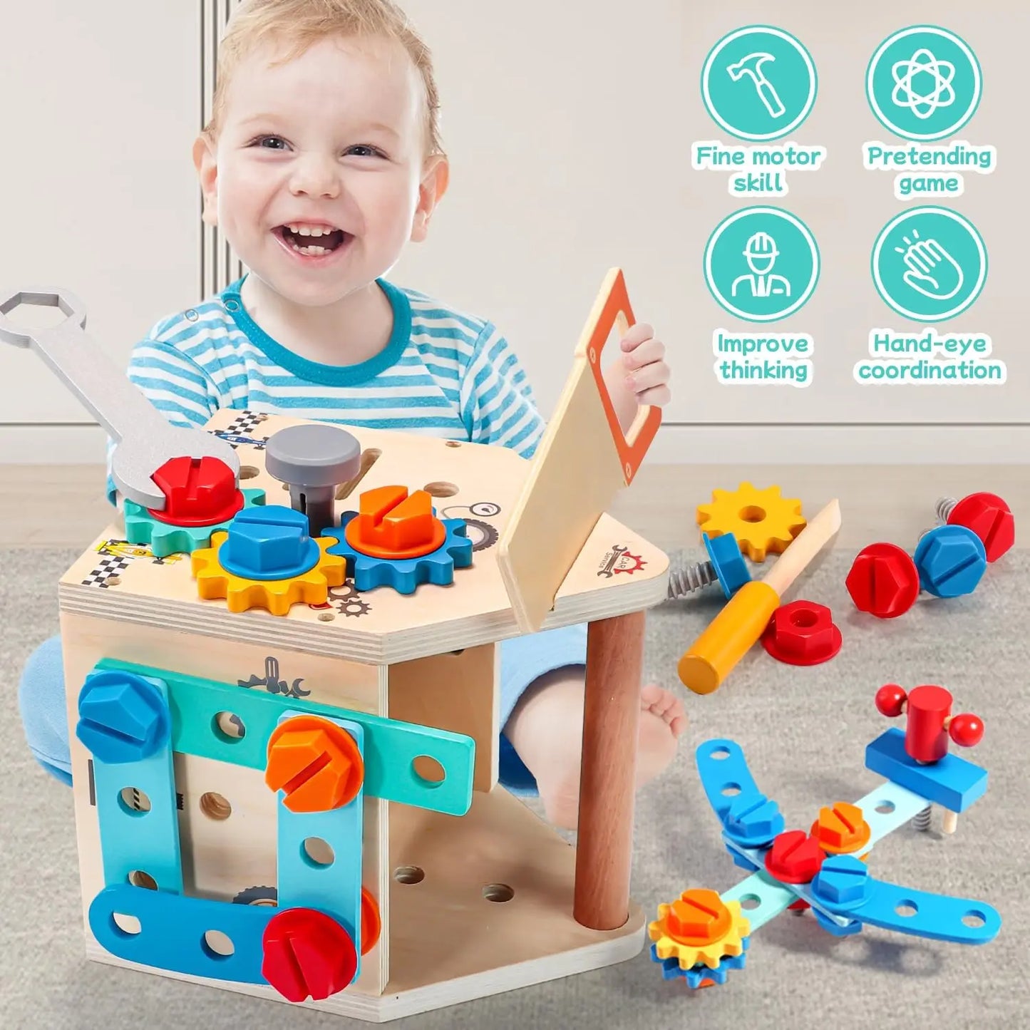 Tool Bench for Kids Toy Play Workbench Wooden Tool Bench Workshop Workbench with Tools Set Wooden Construction Bench Toy for Boy