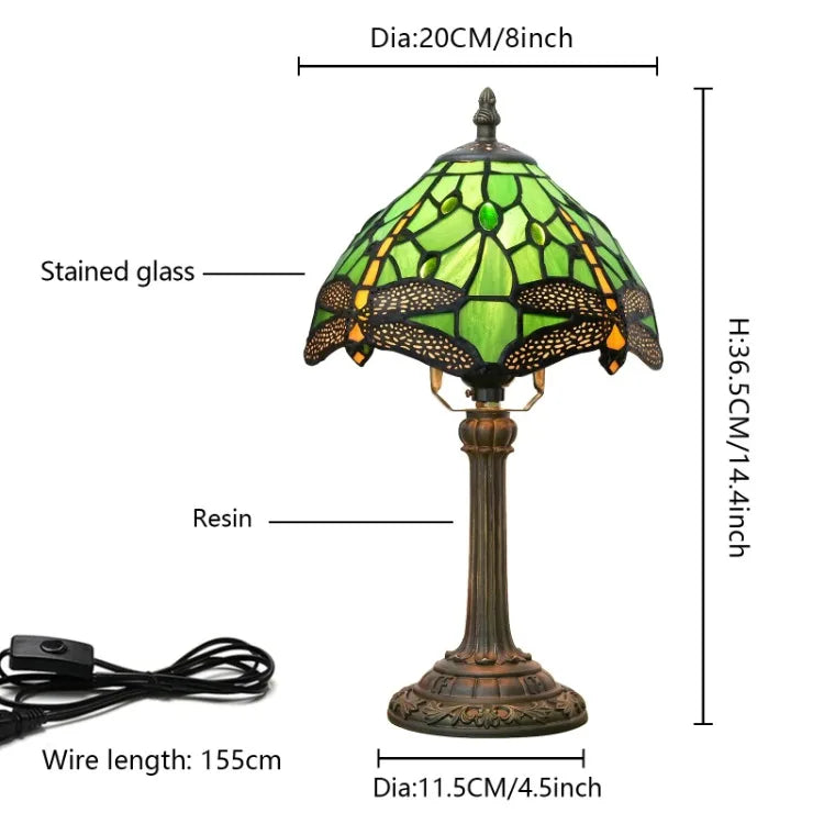 Stained Glass Table Lamp, Antique Green Tiffany Style Reading Light for Bedroom, Living Room and Office Decor Lampara Salon