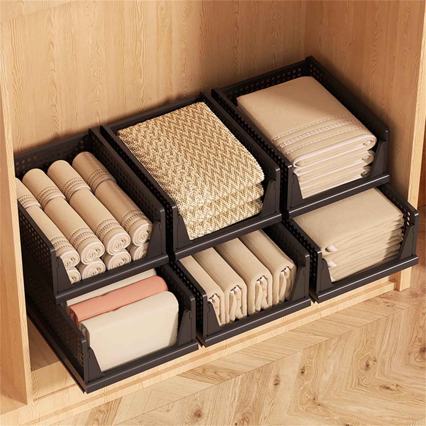 Clothes storage baskets can be stacked with drawer storage baskets, wardrobes, layered partitions, and pull-out folding storage