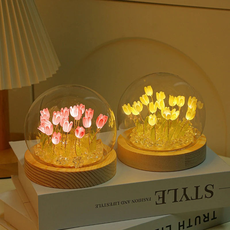 Artificial Tulip Flower Night Light Ornaments Handmade DIY Bedsides LED Night Lamp Bedroom Desk Decor Birthday Gifts Table Lamp