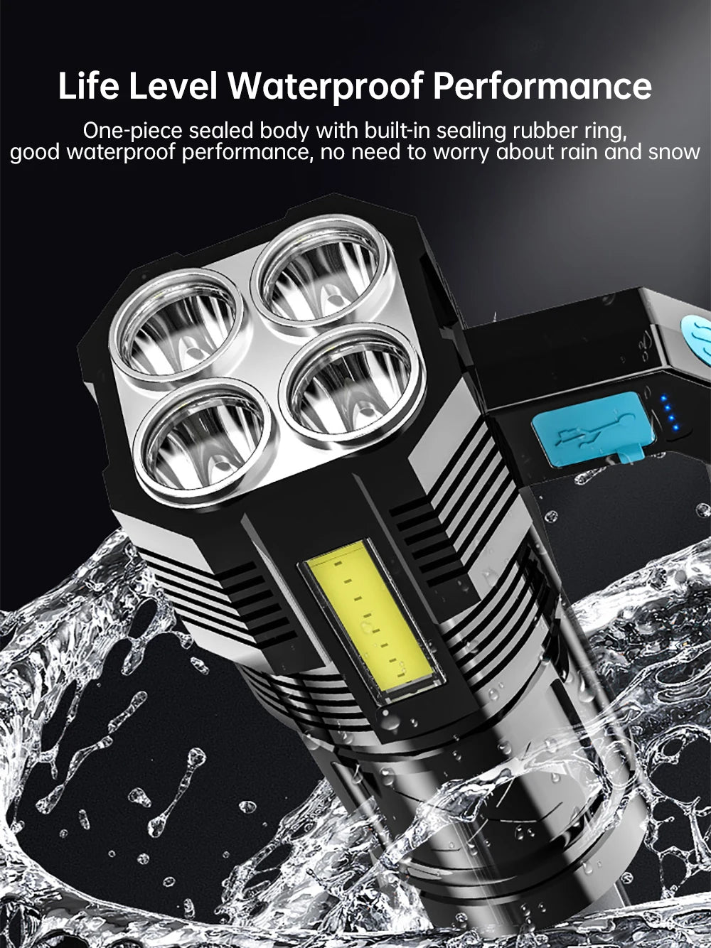 Powerful LED Flashlight Super Bright USB Rechargeable COB 4 LED Handheld Lantern Camping Portable Torch Light