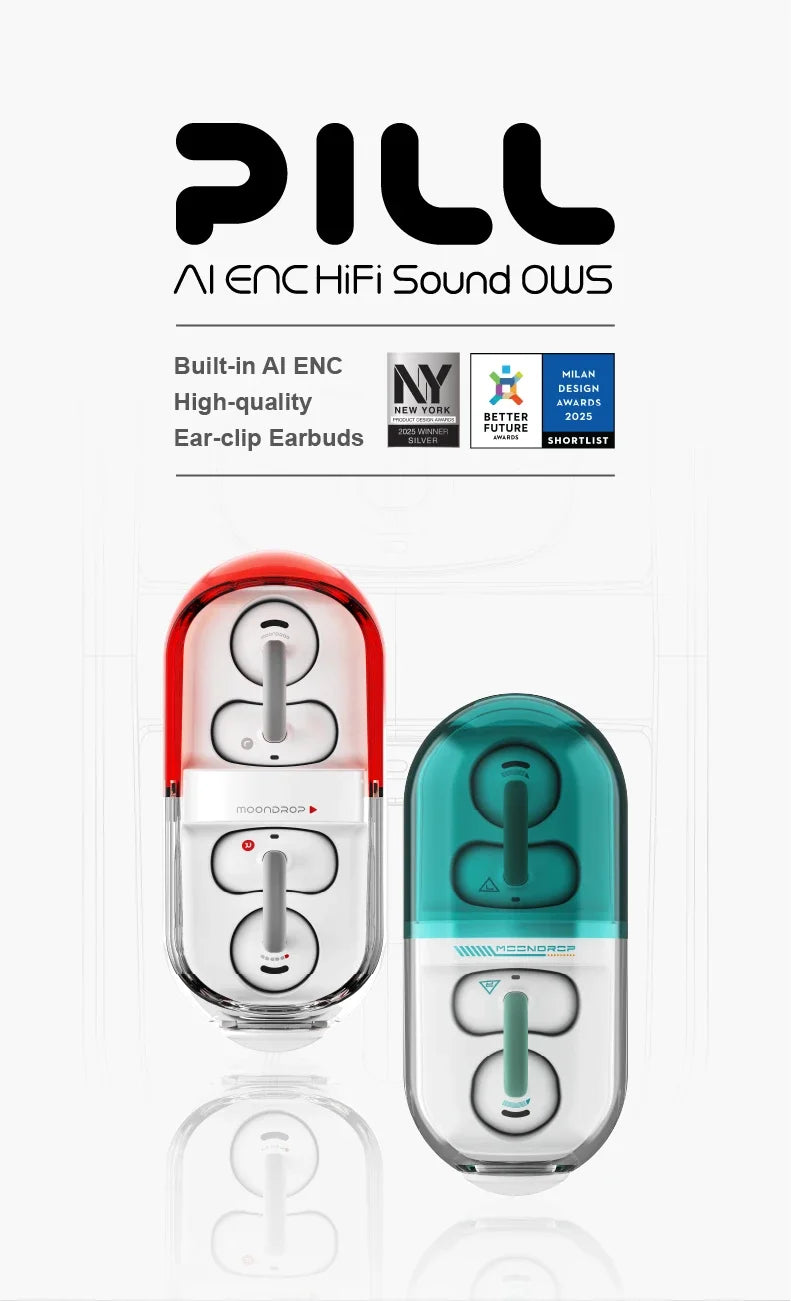 MOONDROP PILL Open Ear Headphones Bluetooth 6.0 OWS Hanging Earphones IPX4 Open Ear Clip Wireless Earbuds Built-in AI ENC MD-0WS