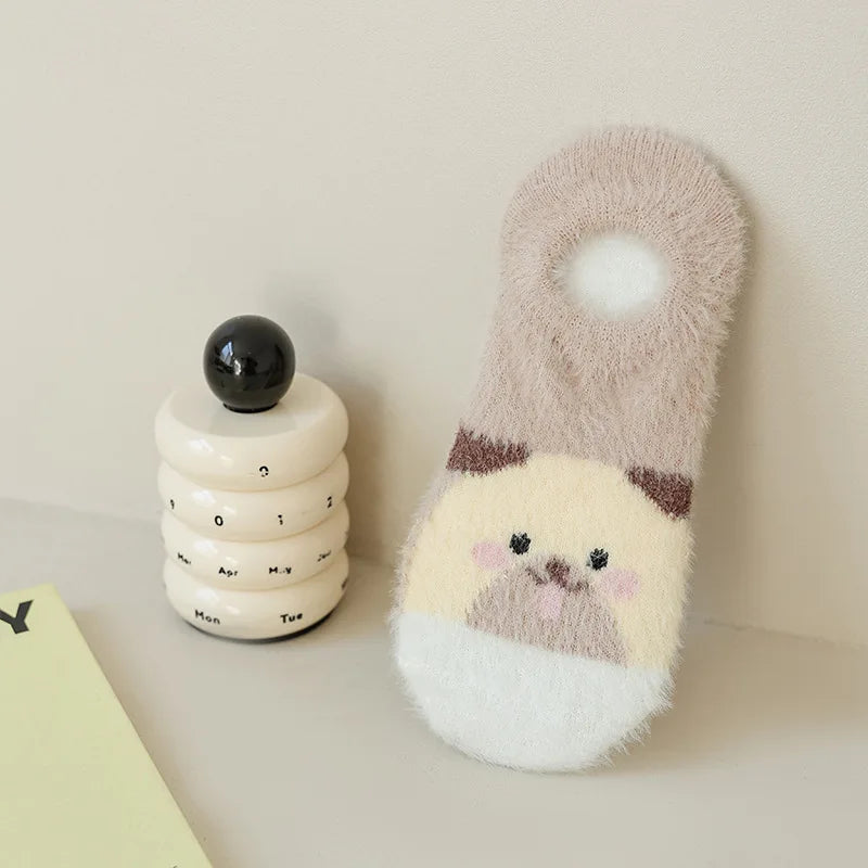 Women Socks Warm Soft Fuzzy Slipper Non-slip Thick Invisible Mink Cashmere Sock Panda Kawaii Ankle Sox High Quality Comfortable