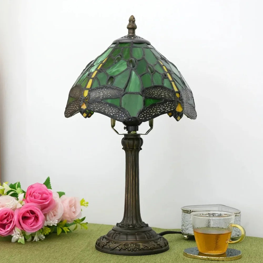Stained Glass Table Lamp, Antique Green Tiffany Style Reading Light for Bedroom, Living Room and Office Decor Lampara Salon