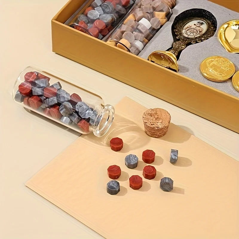 1 Set of Sealing Wax Stamp Kit, Includes Stamp Handle, Sealing Wax Beads, Wooden Handle Sealing Wax Spoon, Small Round Wax, Stamp Head, Suitable for Wedding Invitations, Envelopes, Birthday Gift Cards, Scrapbooks, Great Gift