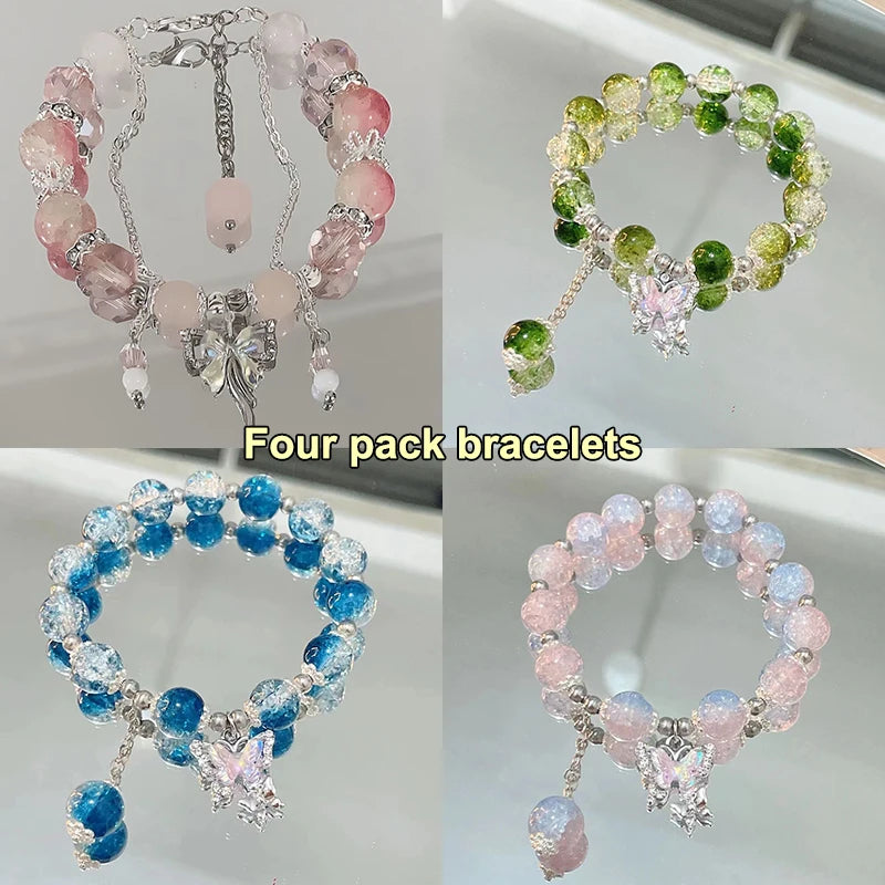 Fashion Butterfly Beaded Bracelets For Women Girls Imitation Jade Bohemian Crystal Charm Elastic Rope Bracelet Hand Jewelry