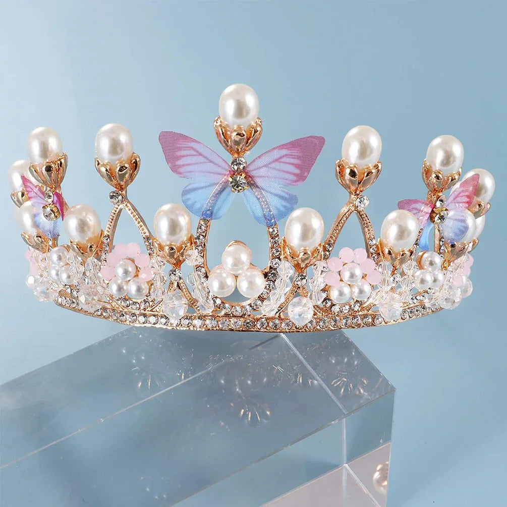 Girl Princess Crown Butterfly Rhinestone Tiaras Birthday Crystal Crown Performance Wedding Model Catwalk Handmade Pearl Tiara