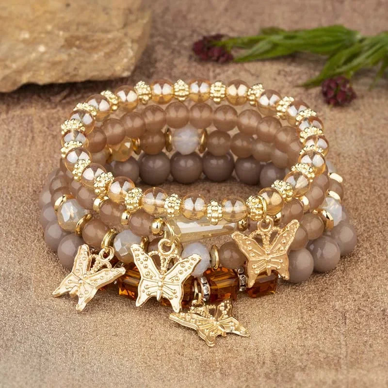 4pcs Trendy Butterfly Beaded Bracelet Set for Women Pink Acrylic Beads Elastic Chain Bangle Female Bohemian Party Jewelry Gift
