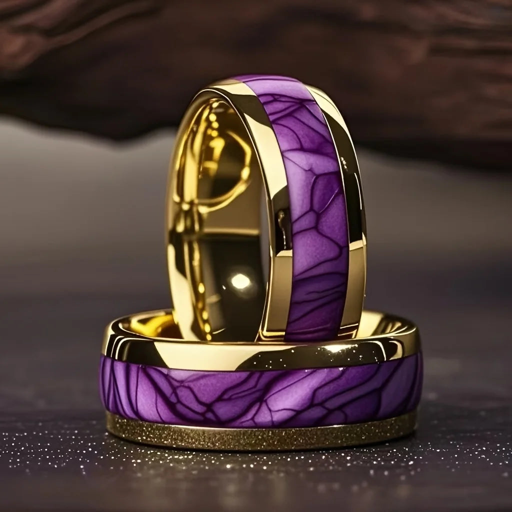 Wholesale 8MM Fashion Purple Shell Inlay Stainless Steel Rings Unique Women Wedding Band Jewelry Men's Ring Party Accessories