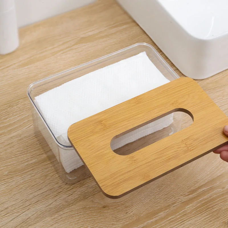 Wooden top tissue box, transparent grey PET base - multi-sized tabletop storage box for living room, smooth sliding opening