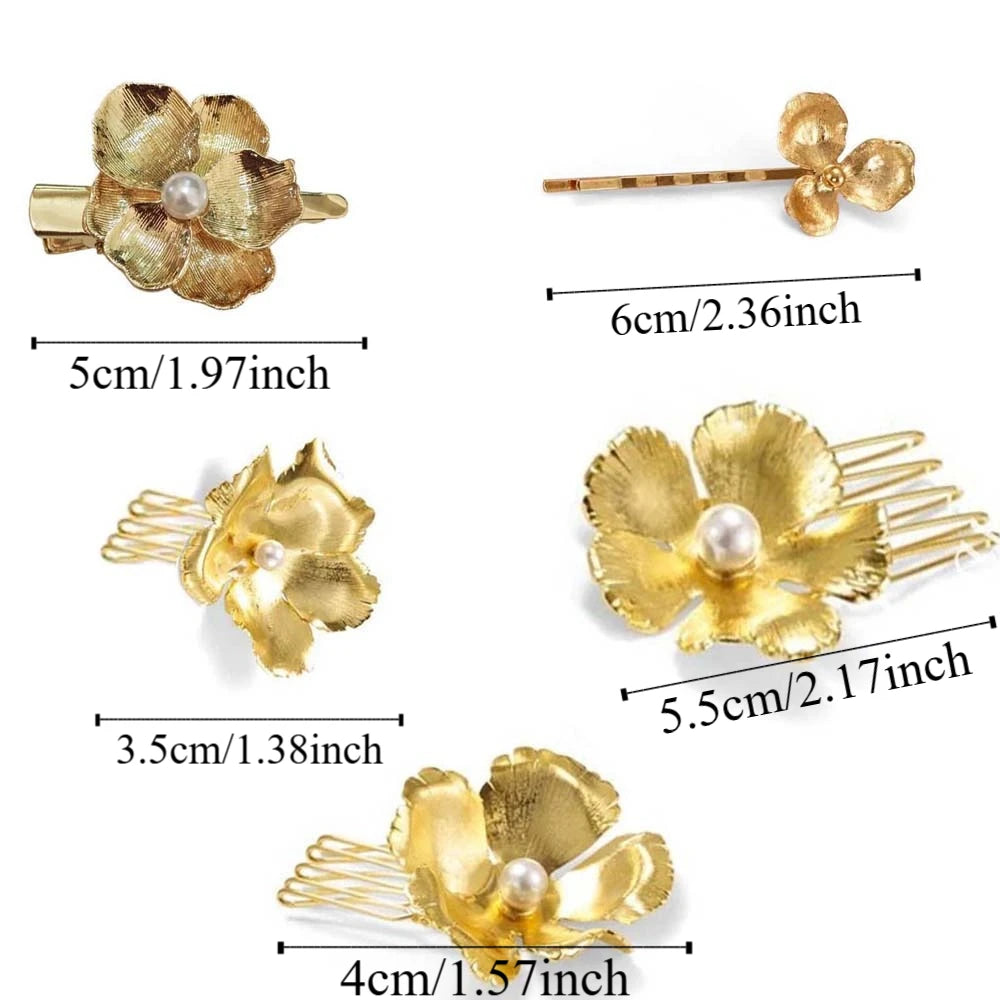 5pcs Elegant Golden Flower Hair Forks Hairstyle Tools French Style Pearl Side Clips Hair Accessories Retro Wave Alloy Barrettes