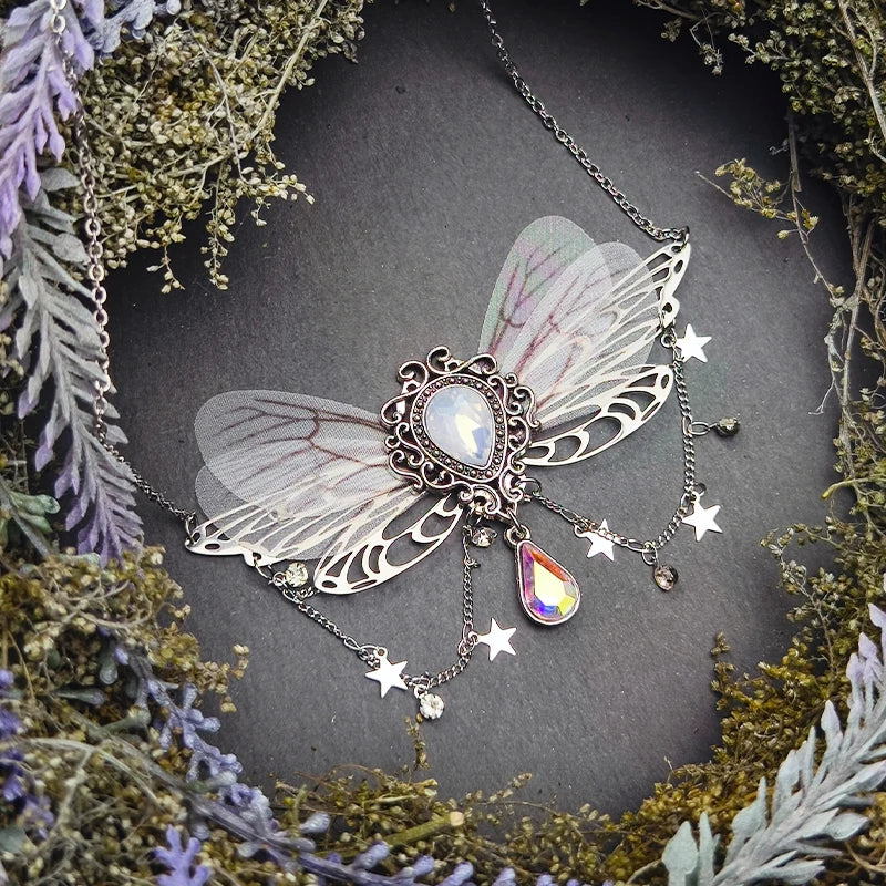 Witch Fairy Elves Butterfly Wings with Crystal Pendant Chain Necklace Forest Fairy Jewelry for women