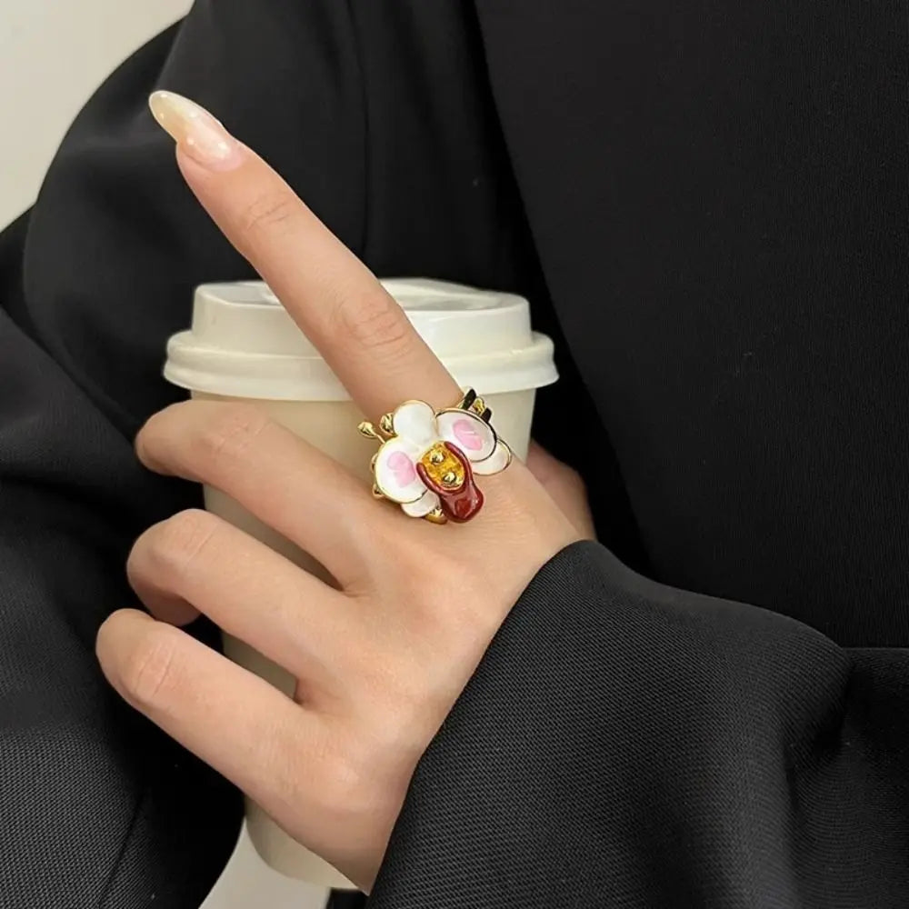 Sweet Drip Oil Flower Ring Butterfly Orchid White Iris Flower Enamel Finger Ring Ins Style Trendy French Irregular Ring Women