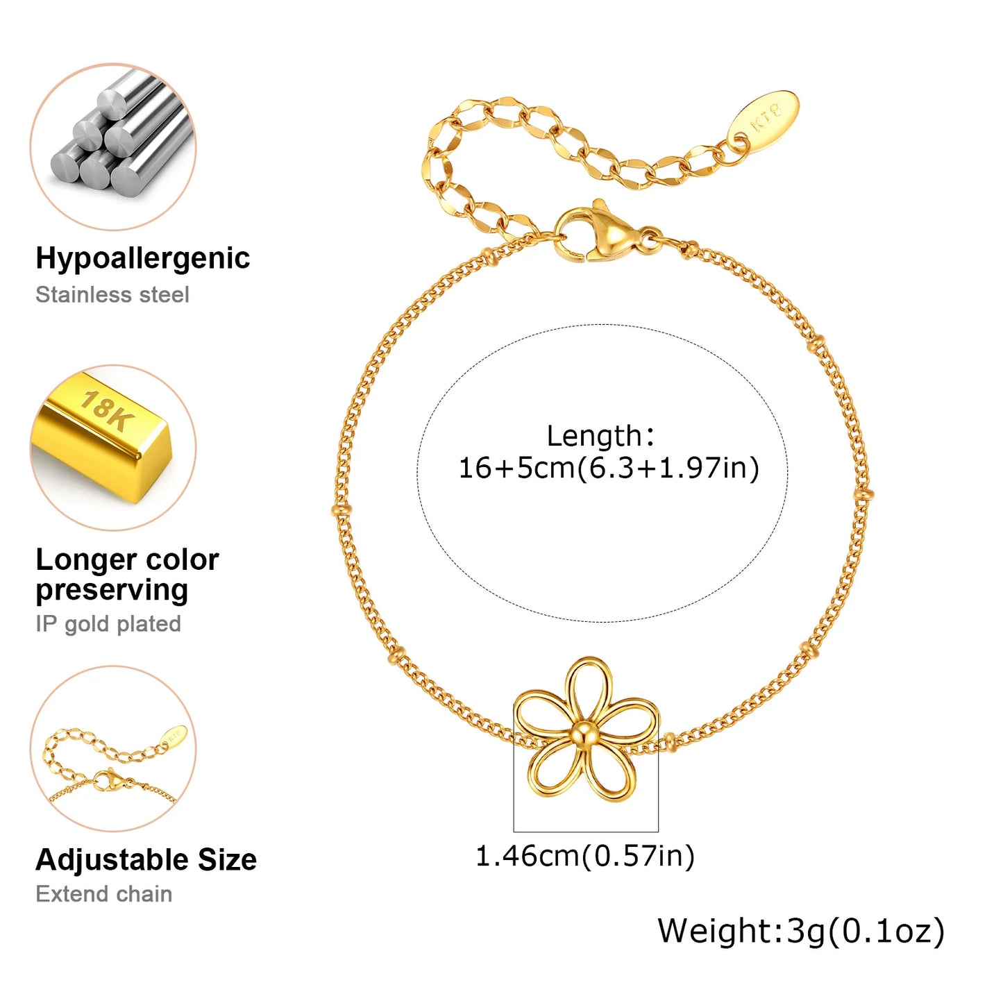 Fashion Flower Bracelet for Women,Gold Plated Stainless Steel Chain Bracelets,Set Charms Jewelry Accessories Gift