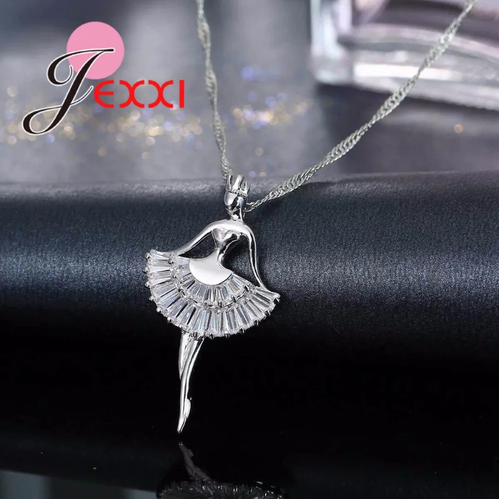 Fashion Enamel Dance BALLET Girl Fairy Angel Necklace Chain Pendant 925 Sterling Silver Fashion Cubic Zirconia Jewelry