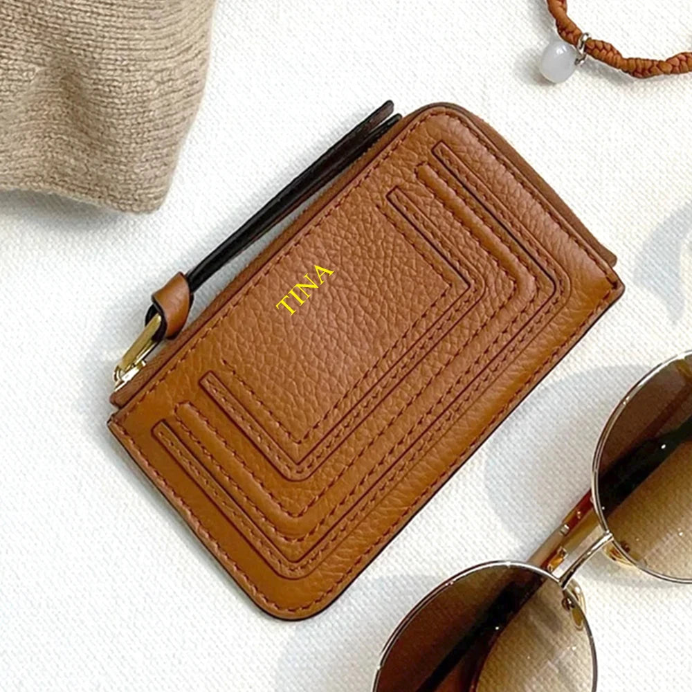 Luxury Genuine Leather Card Wallet Woman Custom Name Brand Card Holder Casual Zipper Lady Engraving Coin Purse Personalized Gift