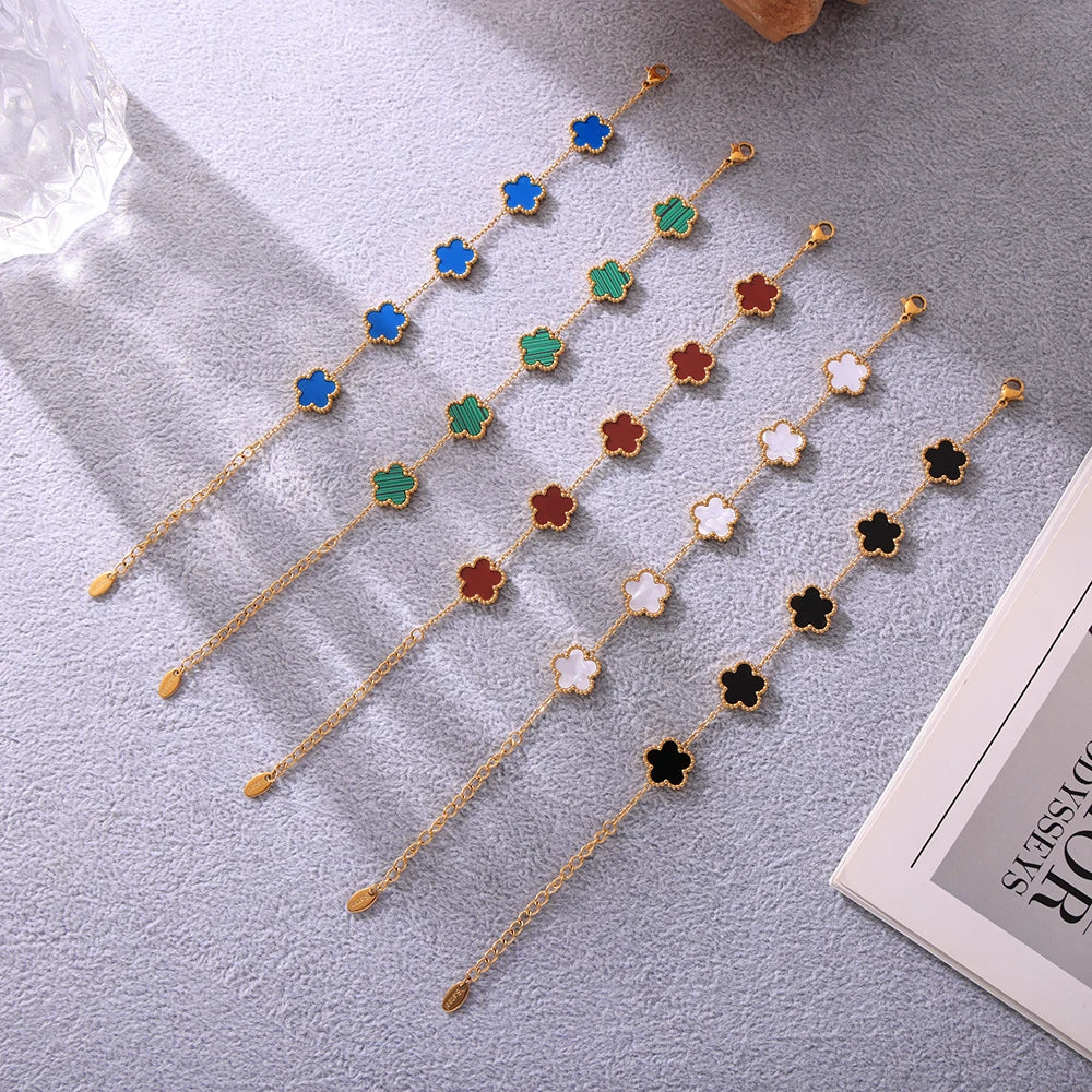 Fashion Five Petals Beautiful Bracelet for Women No Rusted Gold Plated Stainless Steel Agate Bangle Charm Luxury Jewelry Gift