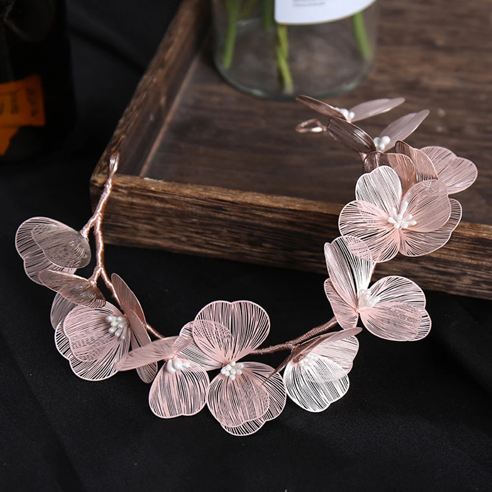 Fairy Flower Hairband Metal Floral Tiaras Bride Pearl Headdress For Women Charming Wedding Hair Jewelry Marrige Beauty Headbands