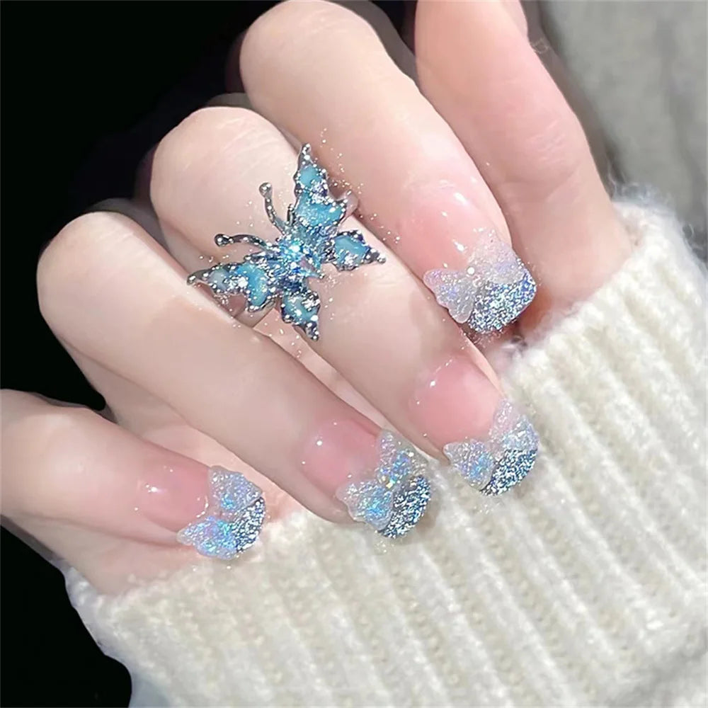Exquisite Ice Blue Butterfly Open Ring, Fashionable Women's Simple Style Jewelry