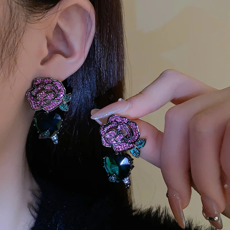 Purple Rose Flower Heart Lip,Stud Earrings for Women French Romantic Vintage Temperament Earring Luxury Jewelry wholesale