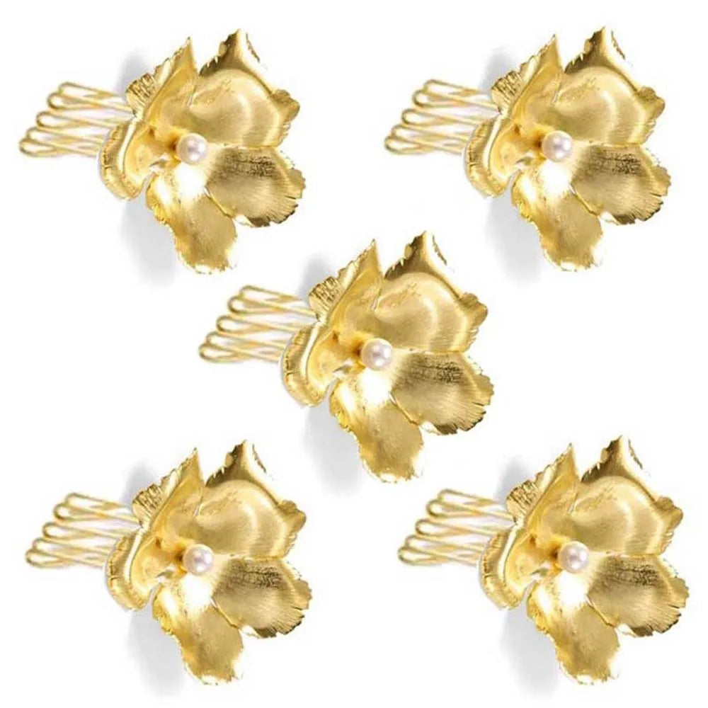 5pcs Elegant Golden Flower Hair Forks Hairstyle Tools French Style Pearl Side Clips Hair Accessories Retro Wave Alloy Barrettes