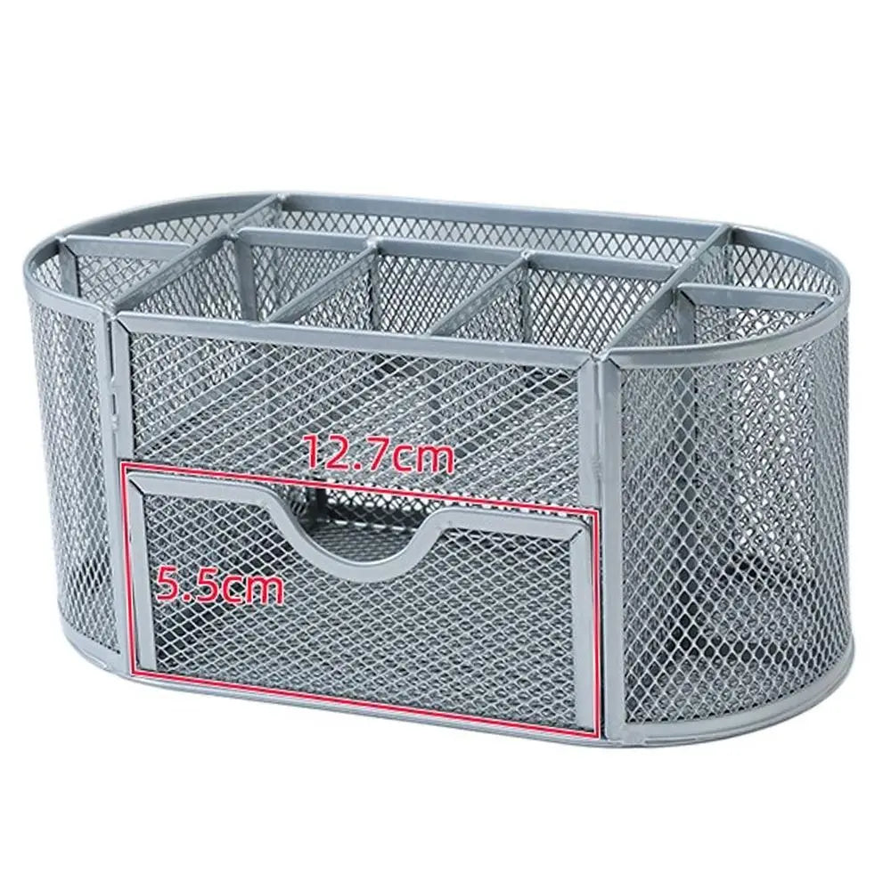 Office School Supplies With Drawer 9-Grid Storage Desk Organizer Stationery Container Metal Mesh Pen Holder