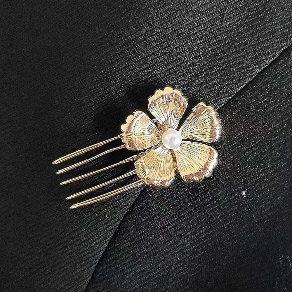 5pcs Elegant Golden Flower Hair Forks Hairstyle Tools French Style Pearl Side Clips Hair Accessories Retro Wave Alloy Barrettes