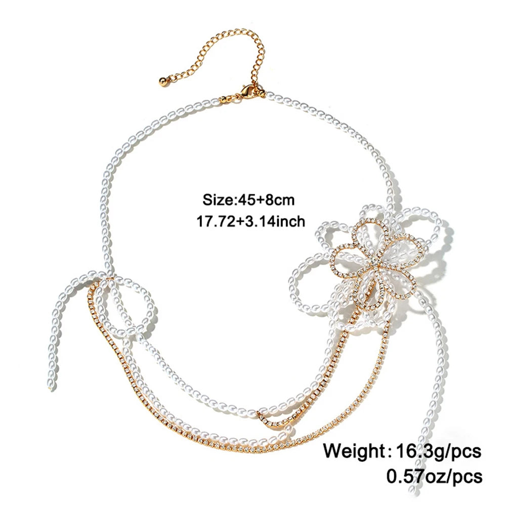Fairy Beauty White Hollow Flower Necklace Female Dream Wedding Exaggerated Bow Pearl Beaded Earrings Jewelry