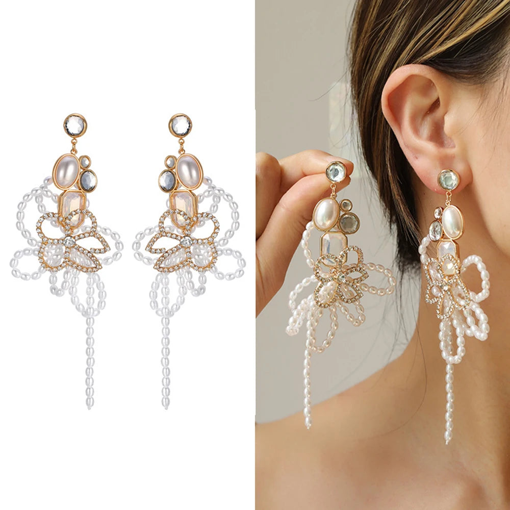 Fairy Beauty White Hollow Flower Necklace Female Dream Wedding Exaggerated Bow Pearl Beaded Earrings Jewelry