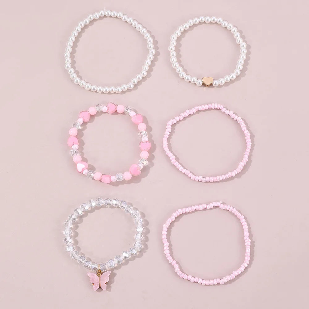 European and American Bracelet Simple Design Sweet Cute Pearl Love Beaded Butterfly Pendant Bracelet 6 Pieces suit