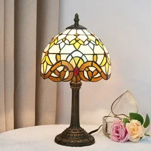 Stained Glass Table Lamp, Antique Green Tiffany Style Reading Light for Bedroom, Living Room and Office Decor Lampara Salon