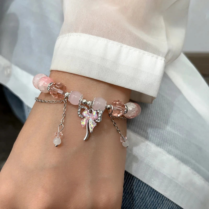 Fashion Butterfly Beaded Bracelets For Women Girls Imitation Jade Bohemian Crystal Charm Elastic Rope Bracelet Hand Jewelry