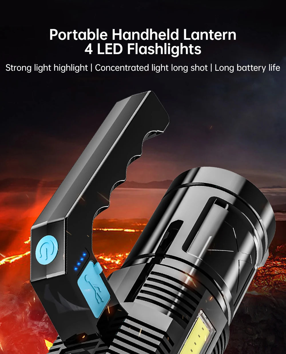 Powerful LED Flashlight Super Bright USB Rechargeable COB 4 LED Handheld Lantern Camping Portable Torch Light